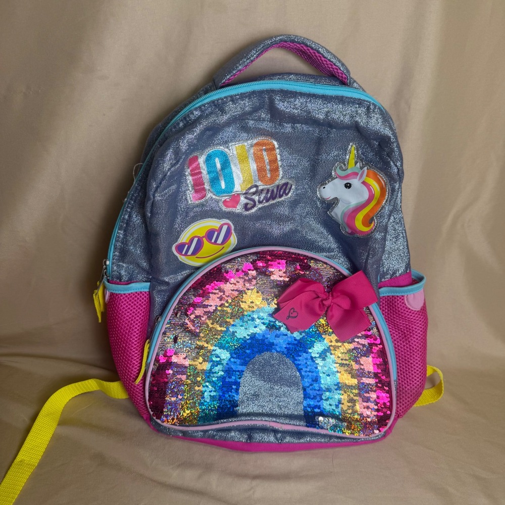 JoJo Siwa Girls 17 Inch Backpack Rainbow Flip Sequin Silver Glitter Unicorn Bow